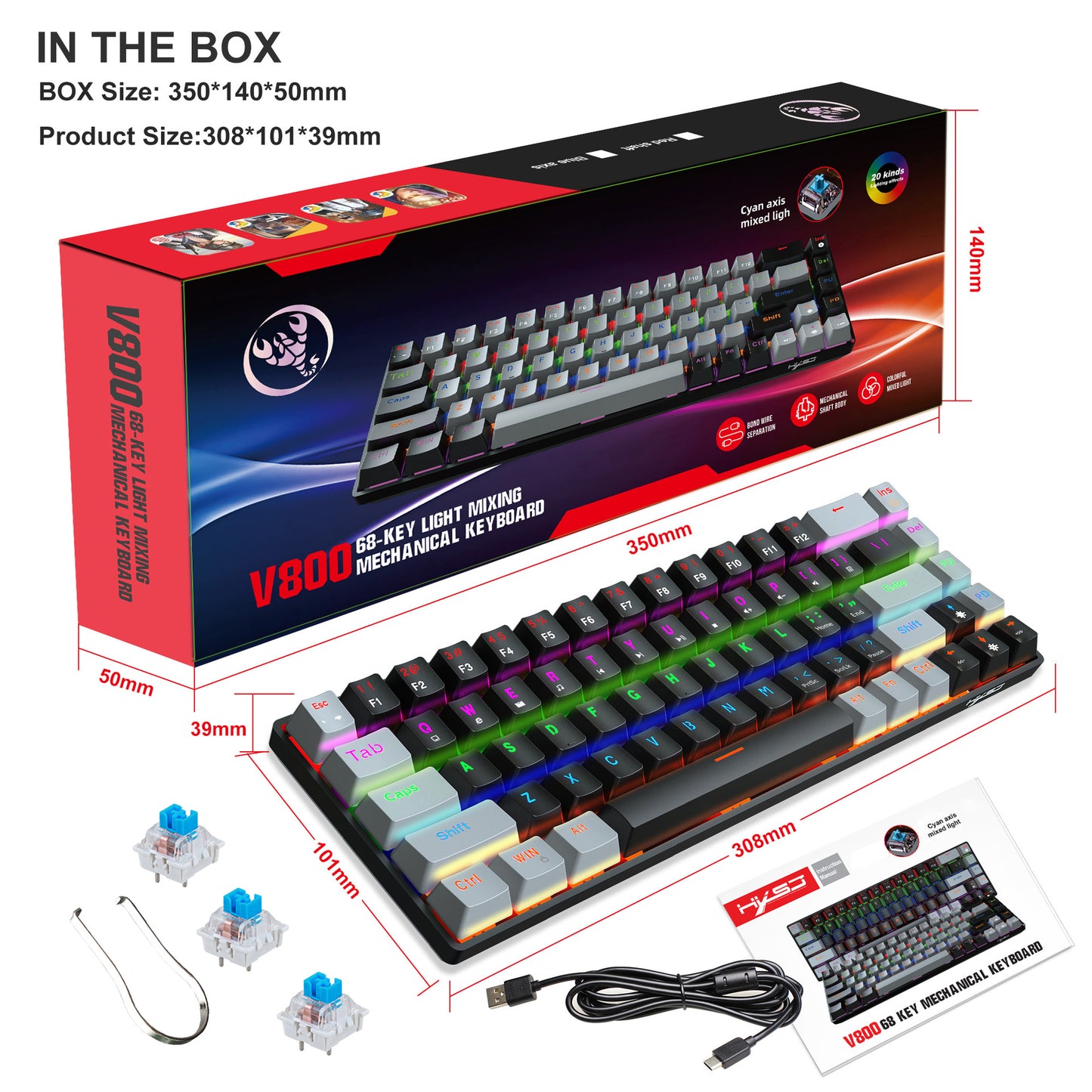 68 keys, 60% keyboard, customized color blocked keycaps, RGB mechanical keyboard, MINI set, plug-in blue axis ice blue disc - Tech genius & freaks