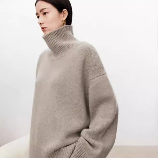 High neck cashmere sweater for women loose and thick with Woolen sweater with a knitted base - Tech genius & freaks