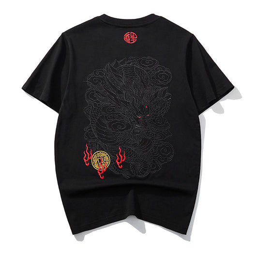 Black thread embroidery dragon pattern short sleeved T-shirt round neck pure cotton breathable top for men's fashion - Tech genius & freaks