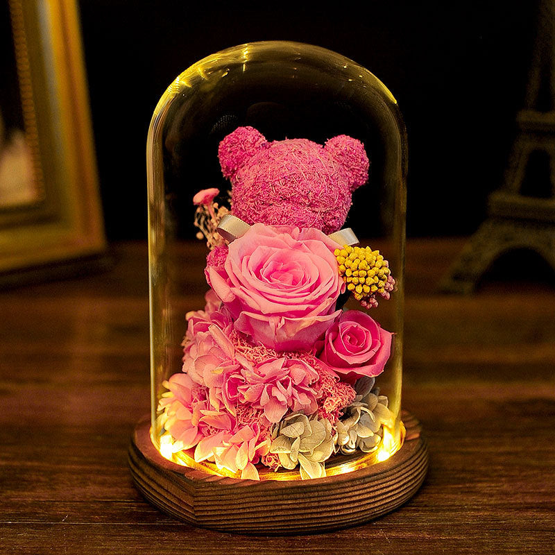 Valentine's Day Gift Everlasting Flower Bear Moss Glass Cover Finished Gift Box for Girlfriend Birthday Ornament Dried Flowers Roses - Tech genius & freaks