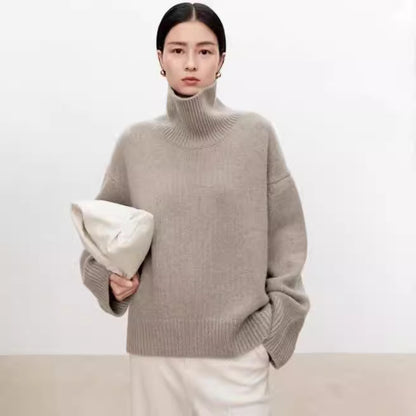 High neck cashmere sweater for women loose and thick with Woolen sweater with a knitted base - Tech genius & freaks