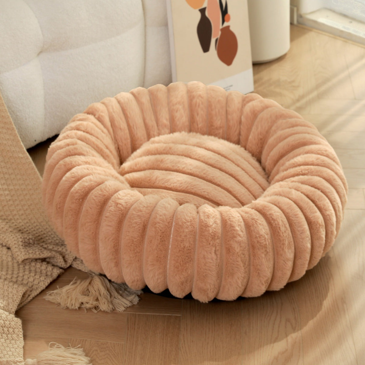 Pet bed high weight straight striped rabbit plush pet mat long hair round cat bed winter warm dog bed dog bed - Tech genius & freaks