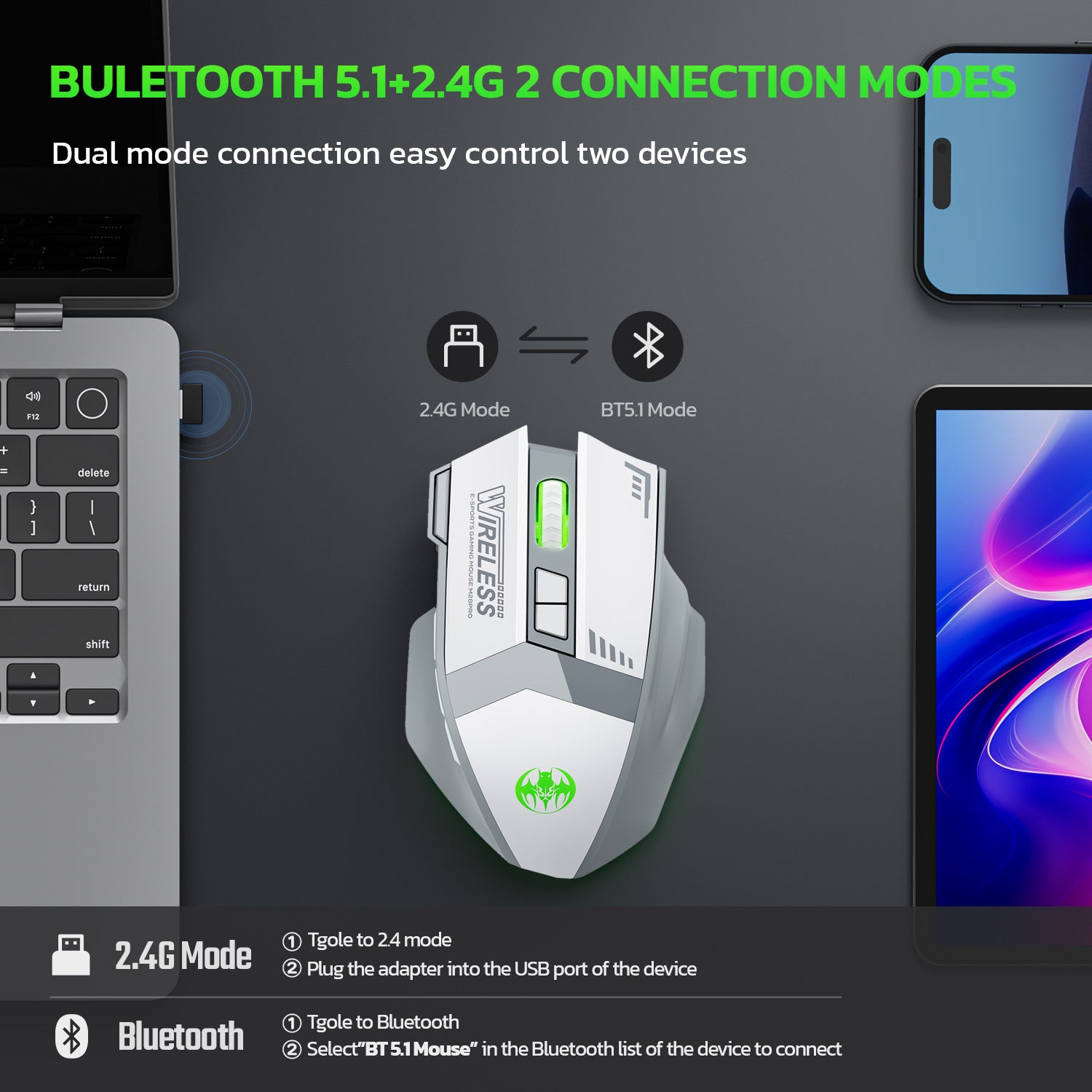 Wireless charging Bluetooth dual-mode 10 key mute gaming mouse 4800DPI mouse RGB color light - Tech genius & freaks