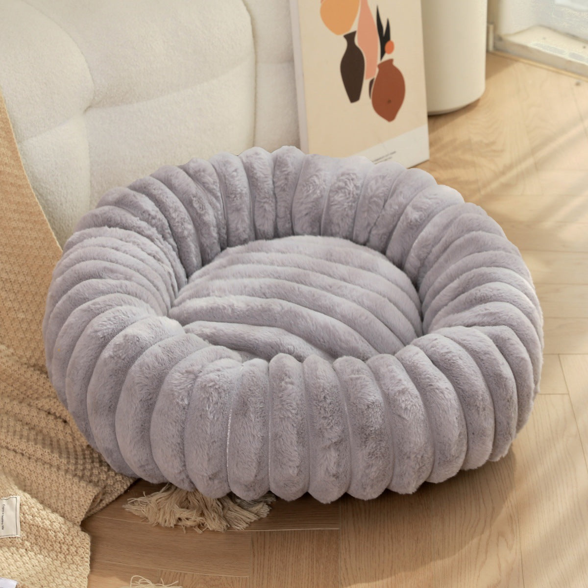 Pet bed high weight straight striped rabbit plush pet mat long hair round cat bed winter warm dog bed dog bed - Tech genius & freaks