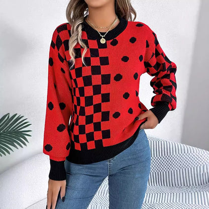 Casual contrasting polka dot checkered lantern sleeve sweater - Tech genius & freaks