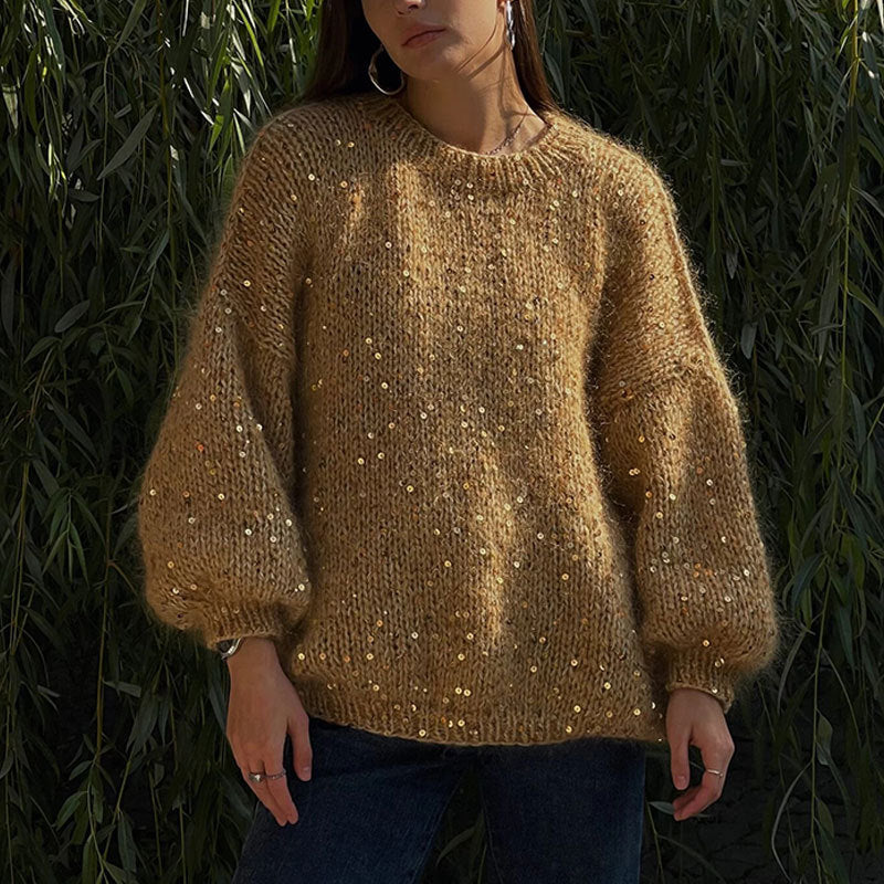 Fashionable sequined sweater, loose round neck lantern sleeve head, knitted sweater - Tech genius & freaks