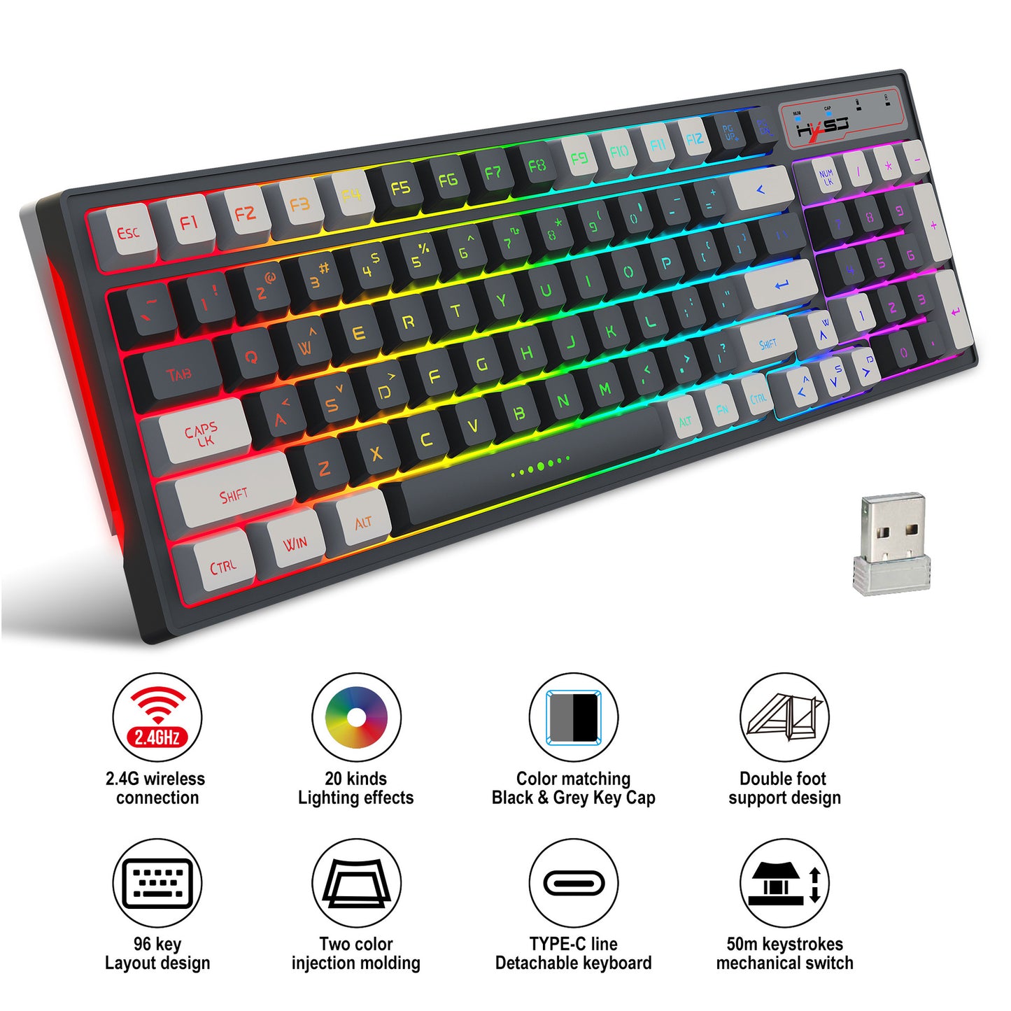 Gaming keyboard RGB backlight two-color keycaps gray and white double color 2.4G wireless membrane keyboard - Tech genius & freaks