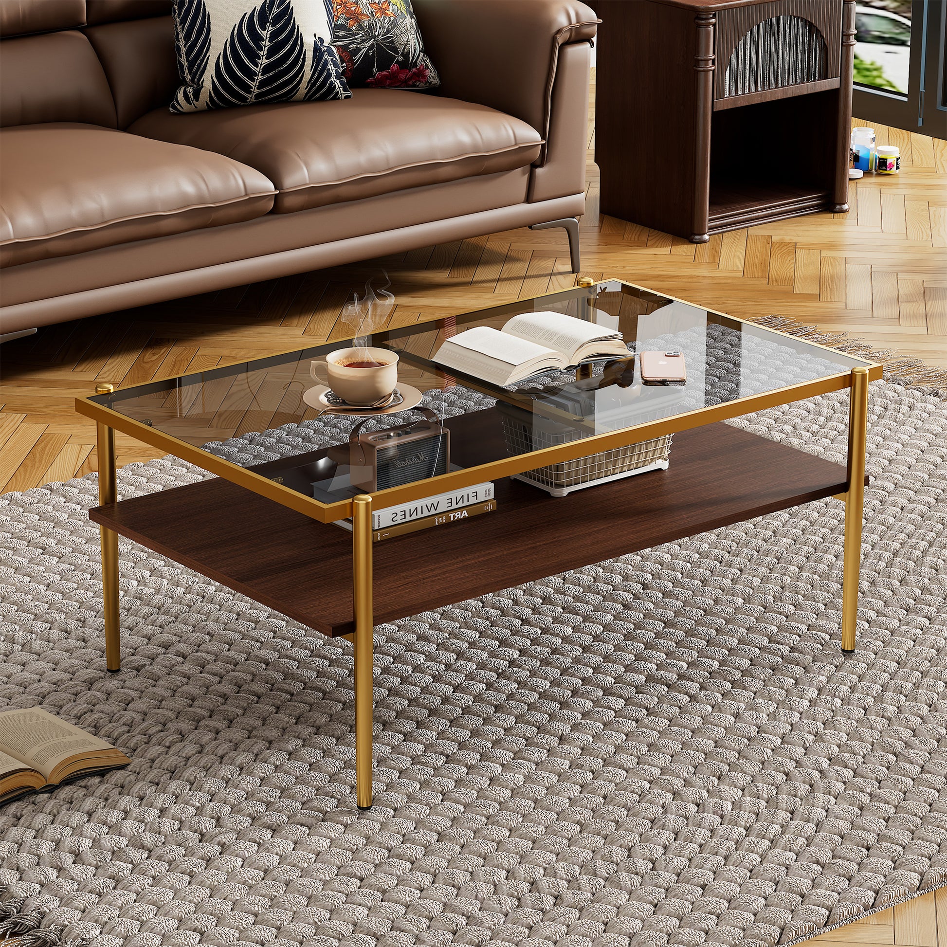 Rectangle Coffee Table with Gray Tempered Glass top and Golden Legs, Modern Table for Living Room - Tech genius & freaks