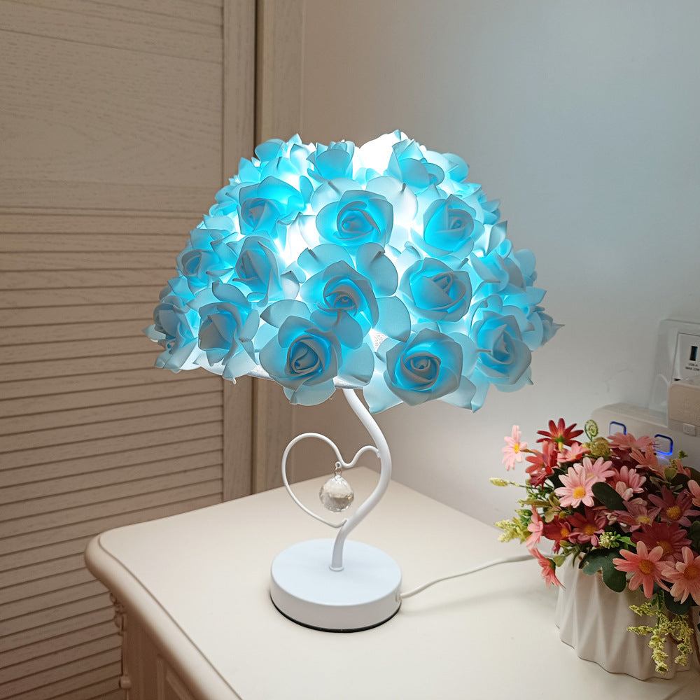 White stem heart-shaped crystal umbrella-shaped rose flower table lamp bedside lamp bedroom decoration ornaments wedding atmosphere table lamp - Tech genius & freaks