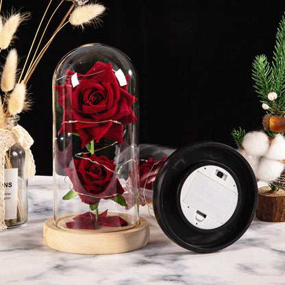 Christmas Valentine's Day Birthday Gift Two Roses Glass Cover Ornament LED Light Simulation Immortal Flower - Tech genius & freaks