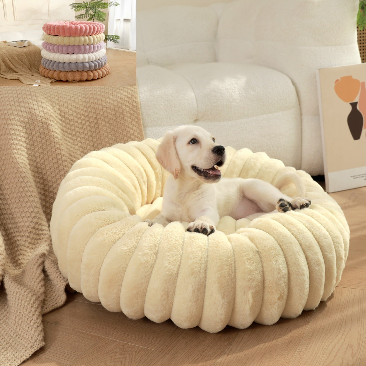 Pet bed high weight straight striped rabbit plush pet mat long hair round cat bed winter warm dog bed dog bed - Tech genius & freaks