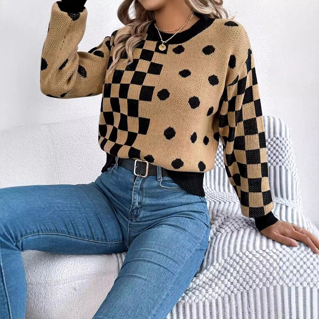 Casual contrasting polka dot checkered lantern sleeve sweater - Tech genius & freaks