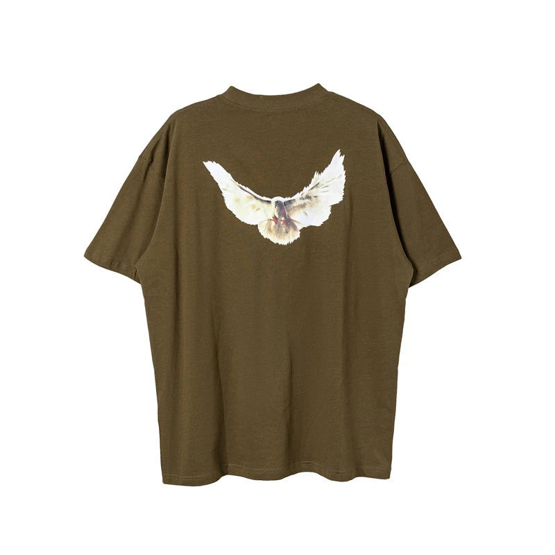 Summer YZY High Street Kanye West Peace Dove Print Hip Hop Loose Casual Short Sleeve Street Clothing Pure Cotton Vintage T-shirt - Tech genius & freaks