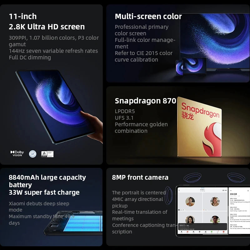 Global ROM Xiaomi Mi Pad 6 Snapdragon 870 Octa Core 2.8K 144Hz Screen 13MP Camera 8840mAh Battery 4 Speakers Dolby Vision - Tech genius & freaks
