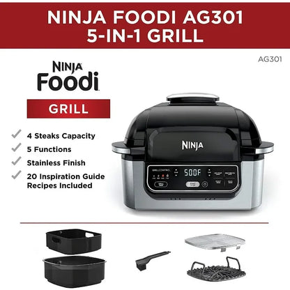 Ninja AG301 Foodi 5-in-1 Indoor Electric Grill with Air Fry, Roast, Bake & Dehydrate - Programmable, Black/Silver - Tech genius & freaks