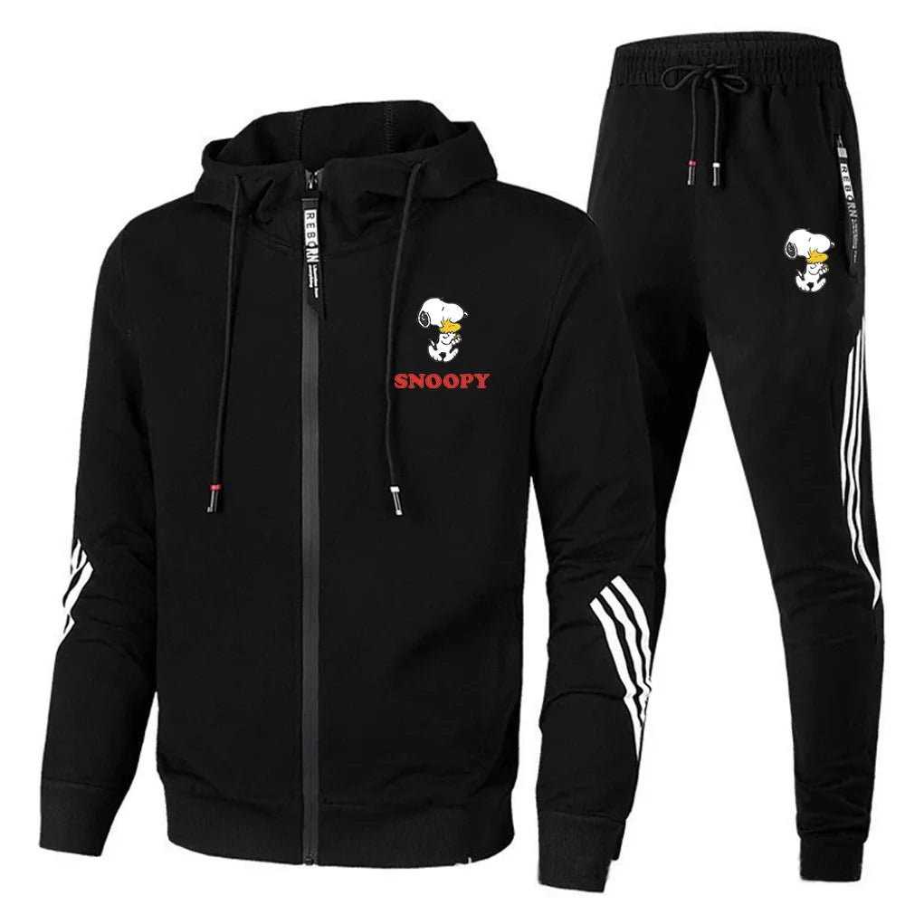 Snoopy Men's sportswear zippered hoodie sports pants two-piece set, autumn men's casual sports jacket, jogging set top and pants - Tech genius & freaks