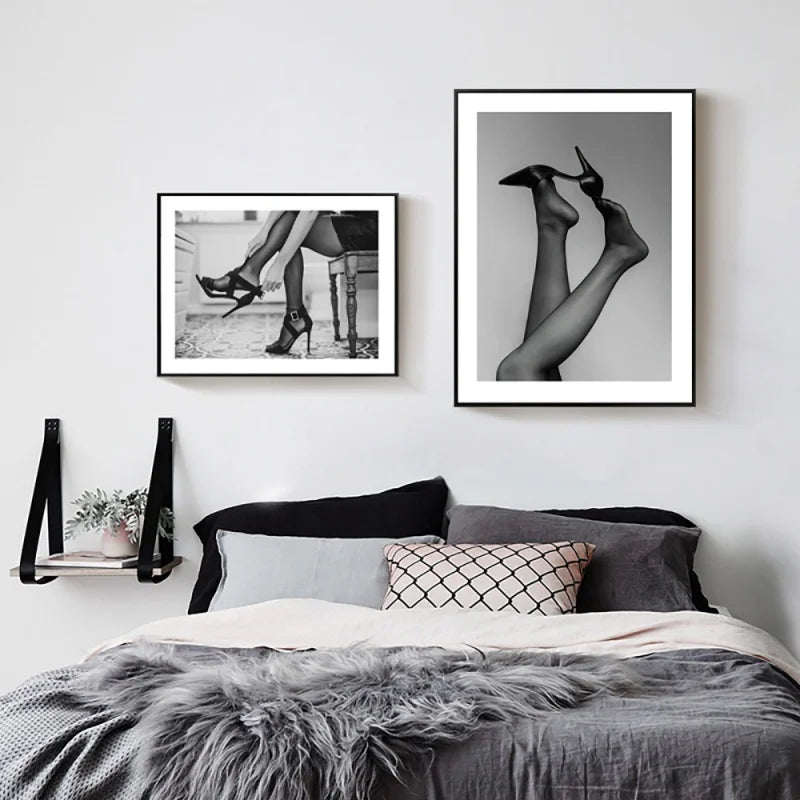 Nordic Classic Retro Wall Art Sexy Woman Shoes Phonograph Black And White HD Oil On Canvas Posters And Prints Home Decor Gifts - Tech genius & freaks