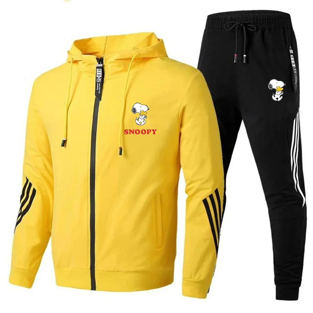 Snoopy Men's sportswear zippered hoodie sports pants two-piece set, autumn men's casual sports jacket, jogging set top and pants - Tech genius & freaks