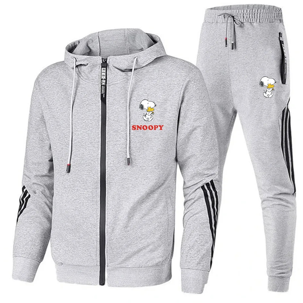 Snoopy Men's sportswear zippered hoodie sports pants two-piece set, autumn men's casual sports jacket, jogging set top and pants - Tech genius & freaks