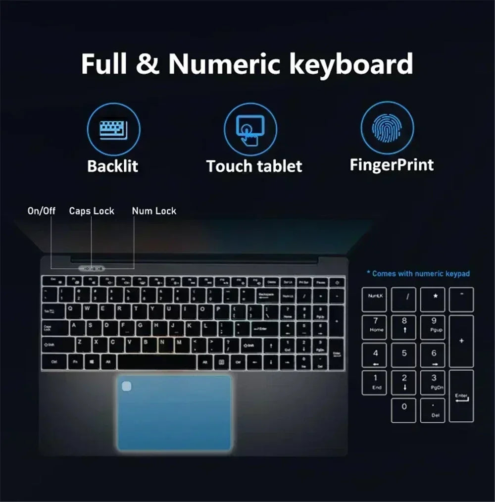 15.6" Portable Laptop 32GB Ram DDR4 2TB SSD Intel N5095 Windows 11 Notebook Pc Gamer Office Computer with Backlit Fingerprint - Tech genius & freaks