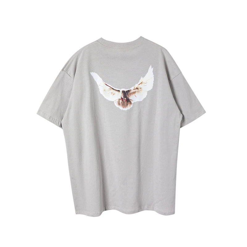 Summer YZY High Street Kanye West Peace Dove Print Hip Hop Loose Casual Short Sleeve Street Clothing Pure Cotton Vintage T-shirt - Tech genius & freaks