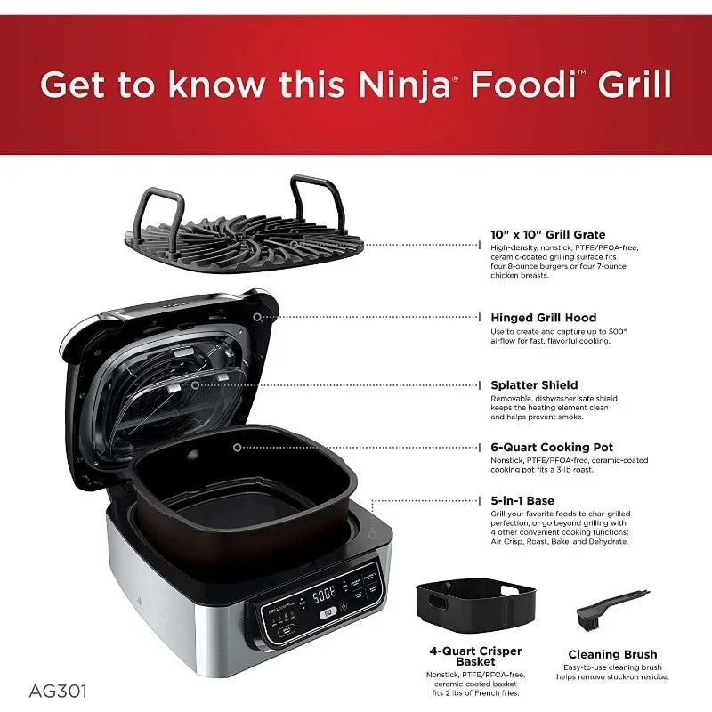 Ninja AG301 Foodi 5-in-1 Indoor Electric Grill with Air Fry, Roast, Bake & Dehydrate - Programmable, Black/Silver - Tech genius & freaks