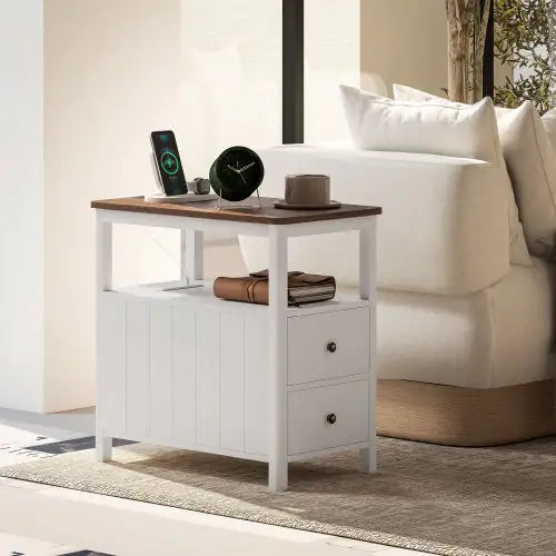 HOMCOM Sleek White End Table with USB & Charging Station - Tech genius & freaks