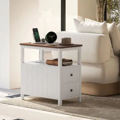 HOMCOM Sleek White End Table with USB & Charging Station - Tech genius & freaks