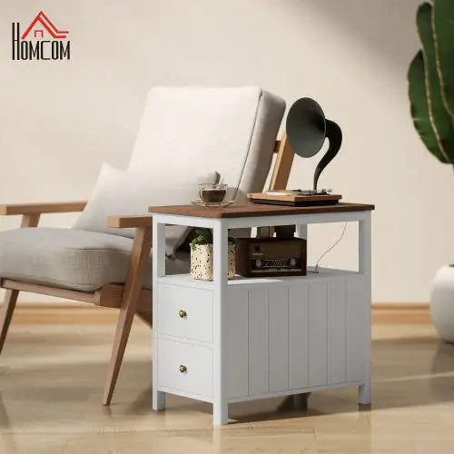 HOMCOM Sleek White End Table with USB & Charging Station - Tech genius & freaks